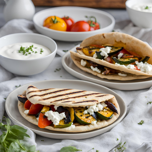 Pitas Grillés aux Légumes & Feta avec Sauce Yaourt